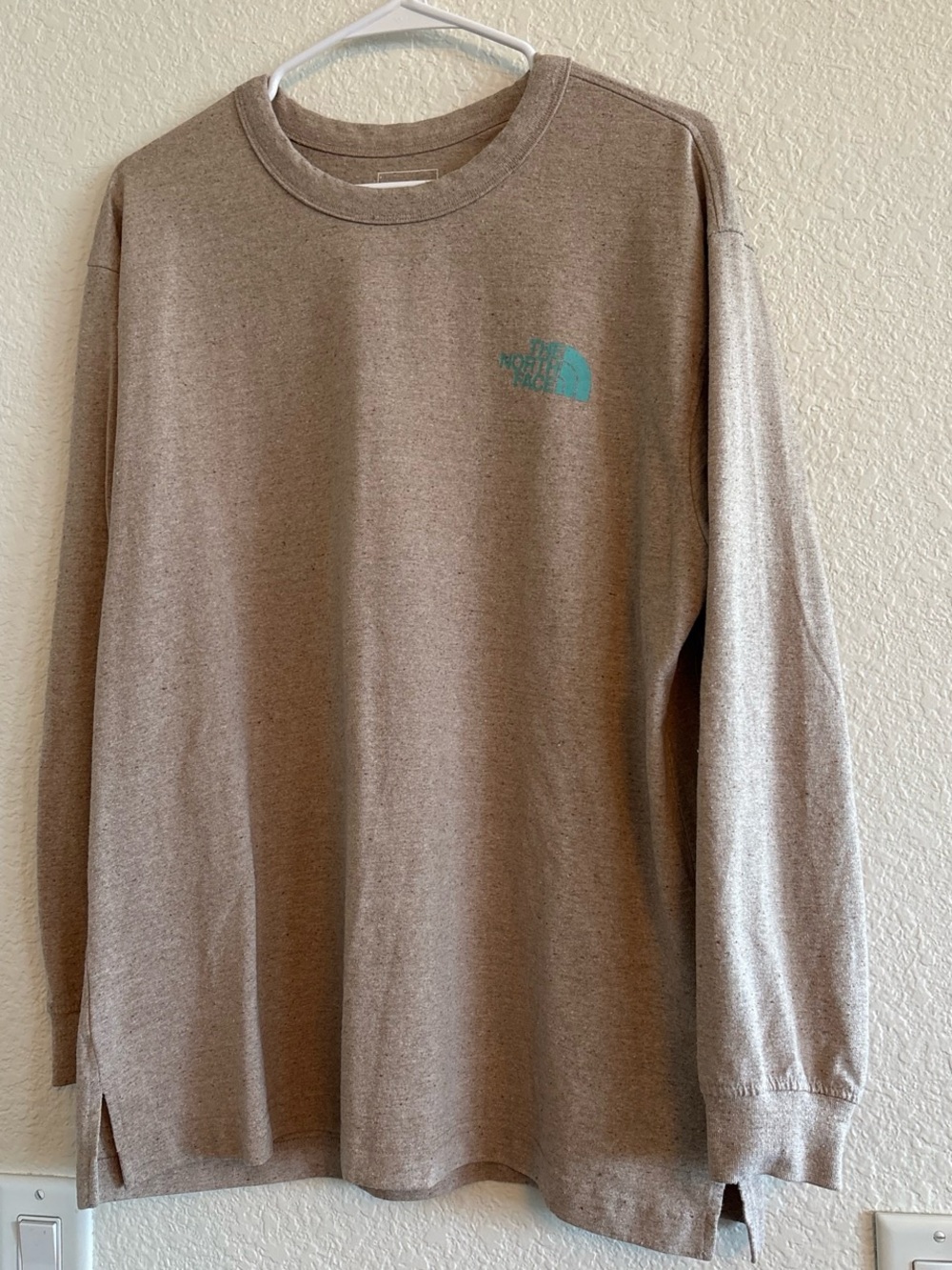 The North Face Heather Taupe Long Sleeve Tee with Teal Logo